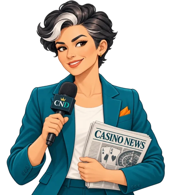 CND casino-news correspondent holding a microphone and casino newspaper