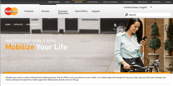 MasterCard Payments Screenshot of MasterCard Mobile payments page