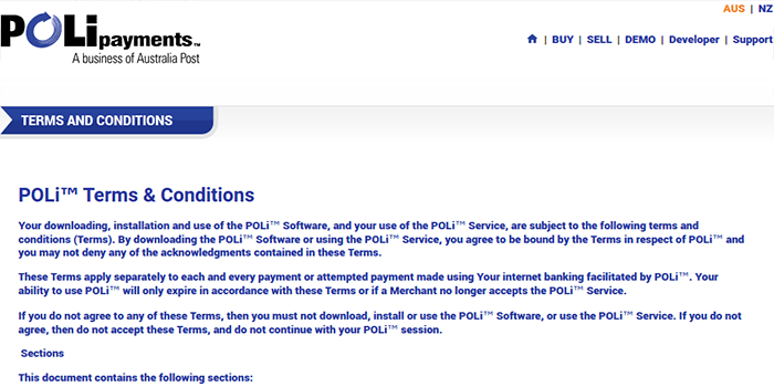 POLi Terms and Conditions Screenshot of POLi Terms and Conditions Page